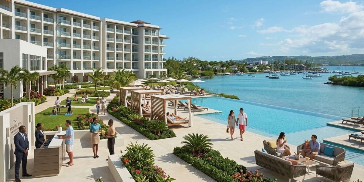 Is Breathless Montego Bay Safe showing adults enjoying the luxury resort, infinity pool, and secure beachfront environment in Jamaica.