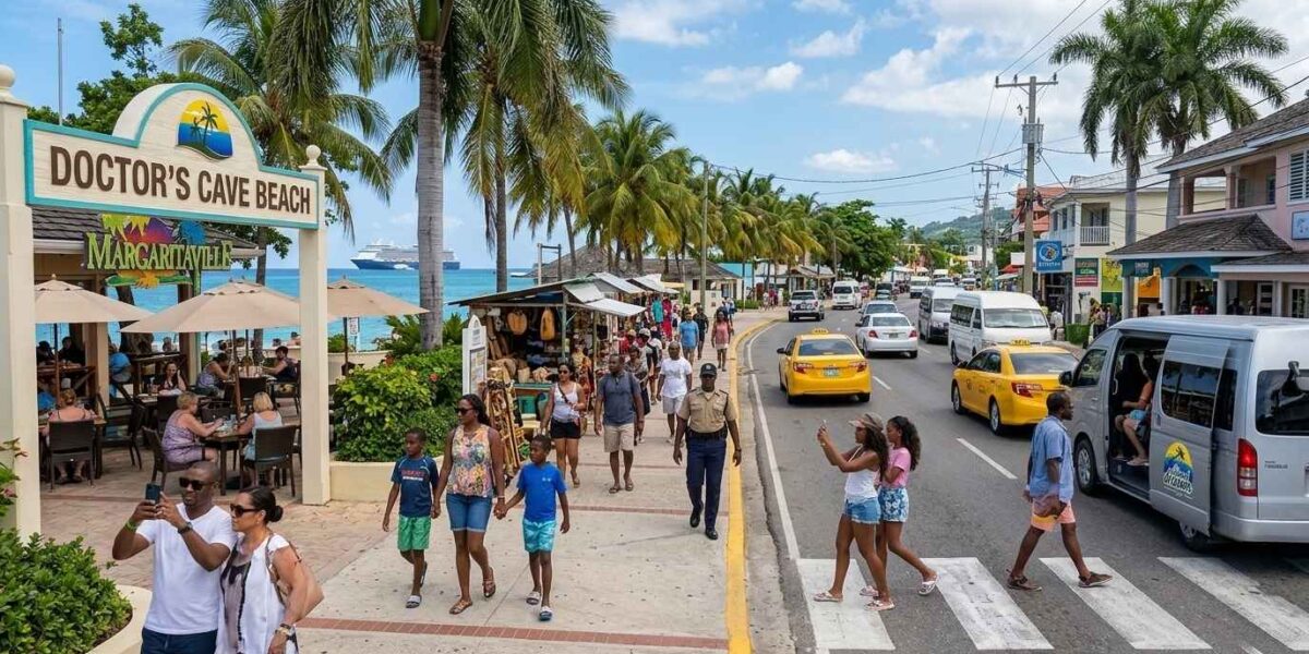 Is Hip Strip in Montego Bay Safe showing tourists walking along Gloucester Avenue near Doctor’s Cave Beach and popular attractions.