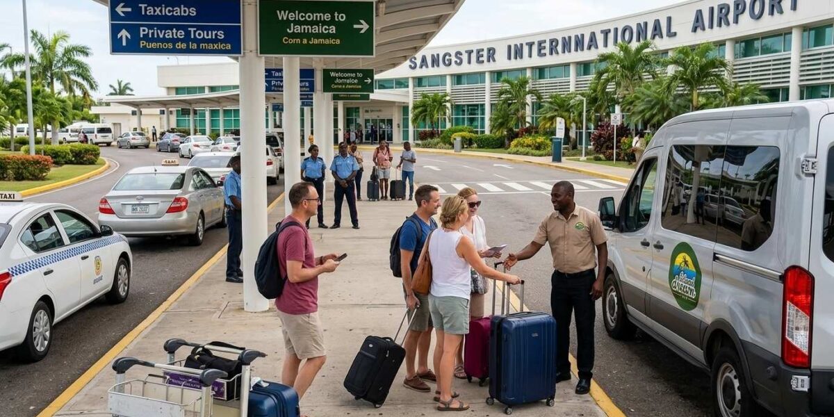 Is Montego Bay Airport Safe showing tourists arriving at Sangster International Airport with licensed transportation and organized pickup areas.
