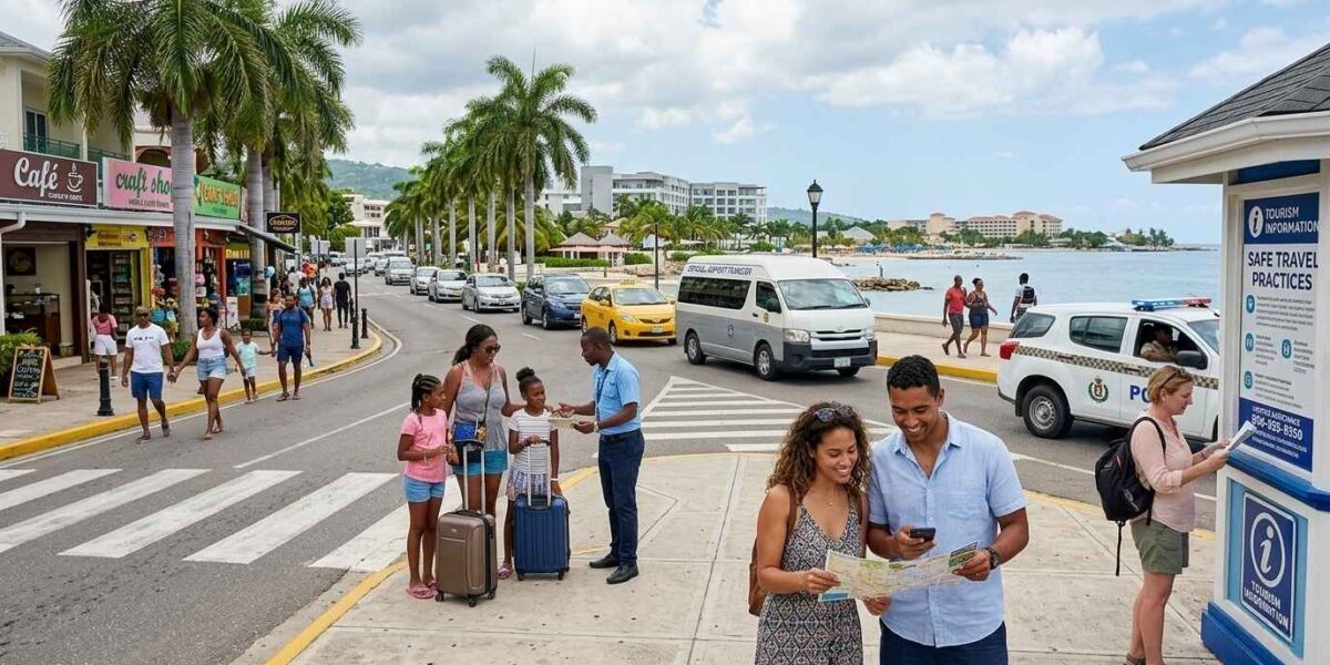 Is Montego Bay Safe showing tourists, licensed transportation, resort areas, and visible tourism safety infrastructure in Montego Bay Jamaica.
