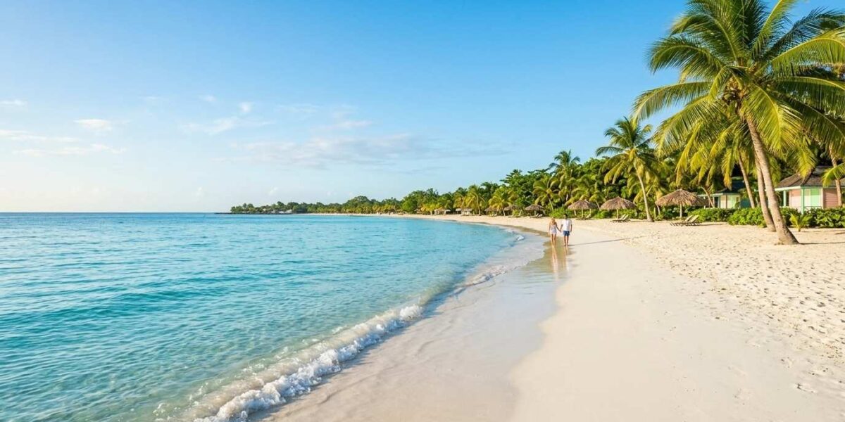 Is 7 Mile Beach in Negril Safe? Tourists enjoying Seven Mile Beach with calm waters and resort surroundings.