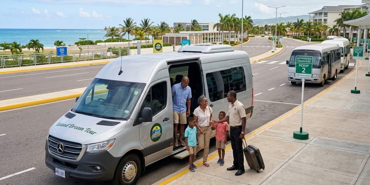 Transportation Safety in Montego Bay showing Island Dream Tour airport transfer service with tourists, luggage, and licensed transportation in Jamaica.