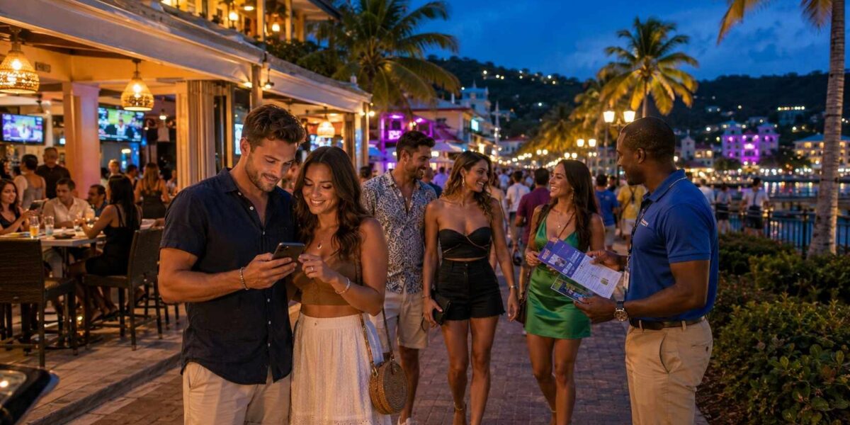 Travelers enjoying Ocho Rios nightlife while following safe travel practices by staying together and using trusted tour services.