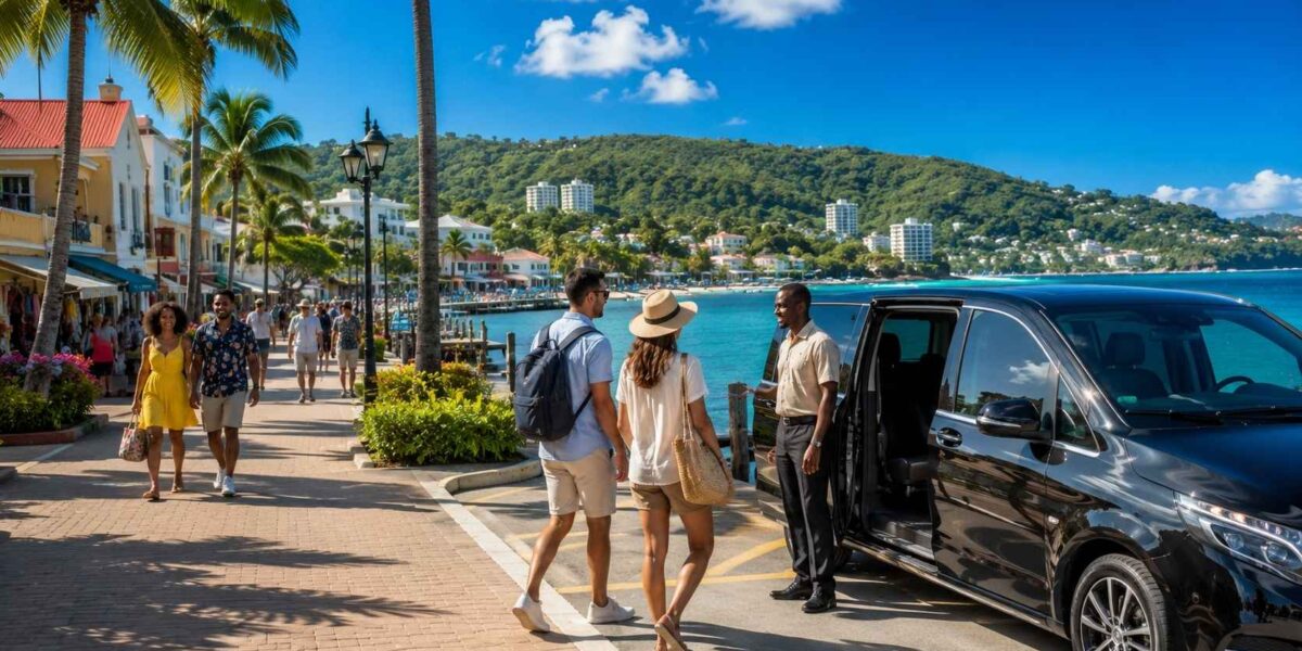Tourists exploring the waterfront in Ocho Rios, Jamaica, highlighting the area's safe and welcoming atmosphere compared to other parts of Jamaica.