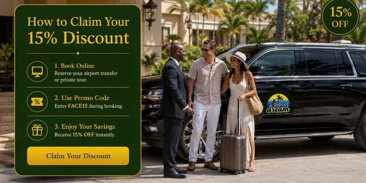 Travelers claiming a 15% discount on Island Dream Tour airport transfers in Jamaica with a luxury SUV and premium booking promotion.