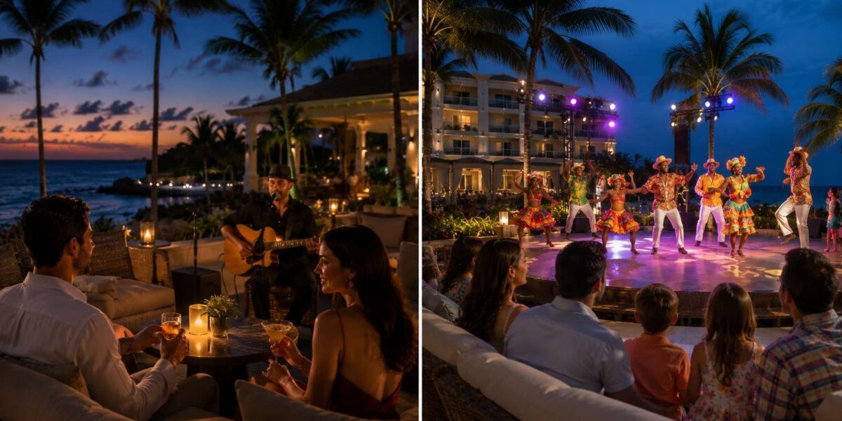 Hyatt Zilara vs Hyatt Ziva Rose Hall entertainment comparison with adults-only and family-friendly evening activities.