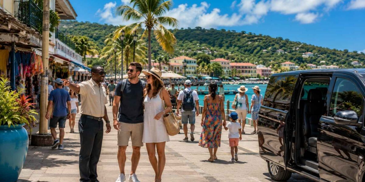 Tourists safely walking along the waterfront and local shopping area in Ocho Rios, Jamaica during the daytime.