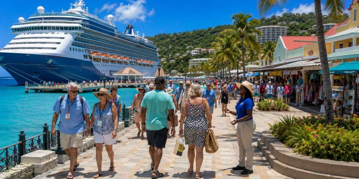 Cruise passengers walking through the clean and welcoming Ocho Rios Cruise Port in Jamaica on a sunny day.