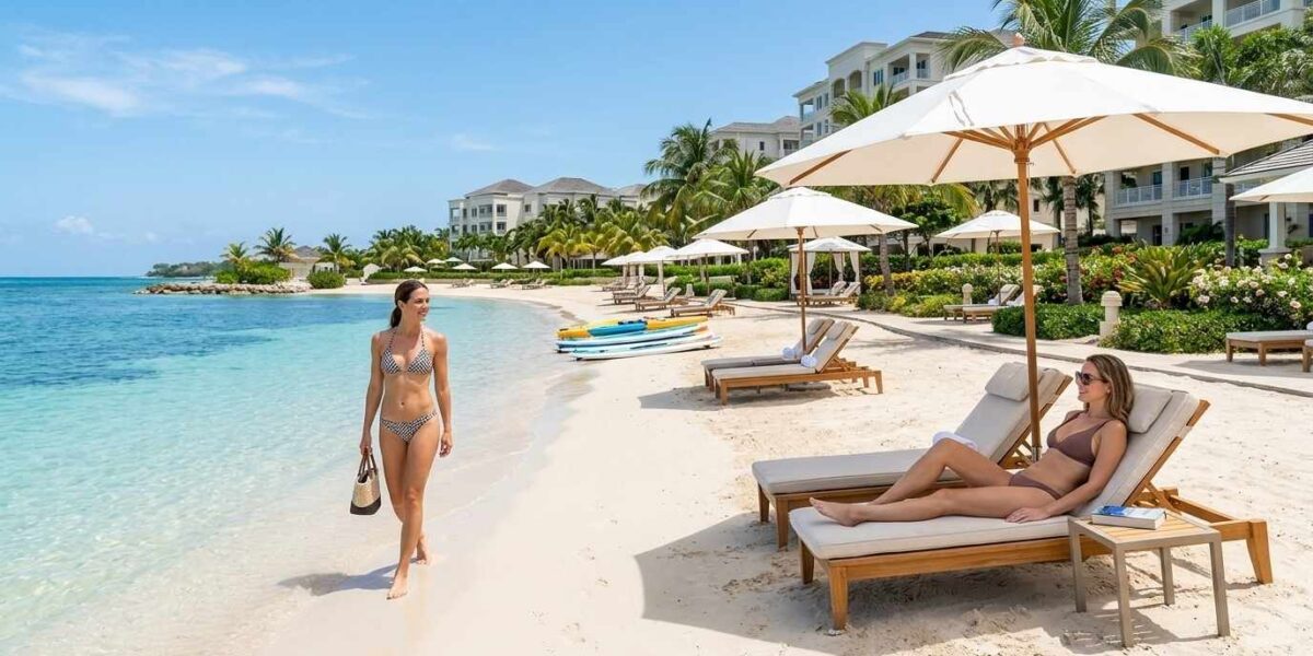 Jewel Grande Montego Bay Resort private beach with white sand, turquoise sea, and guests enjoying the Caribbean coastline.