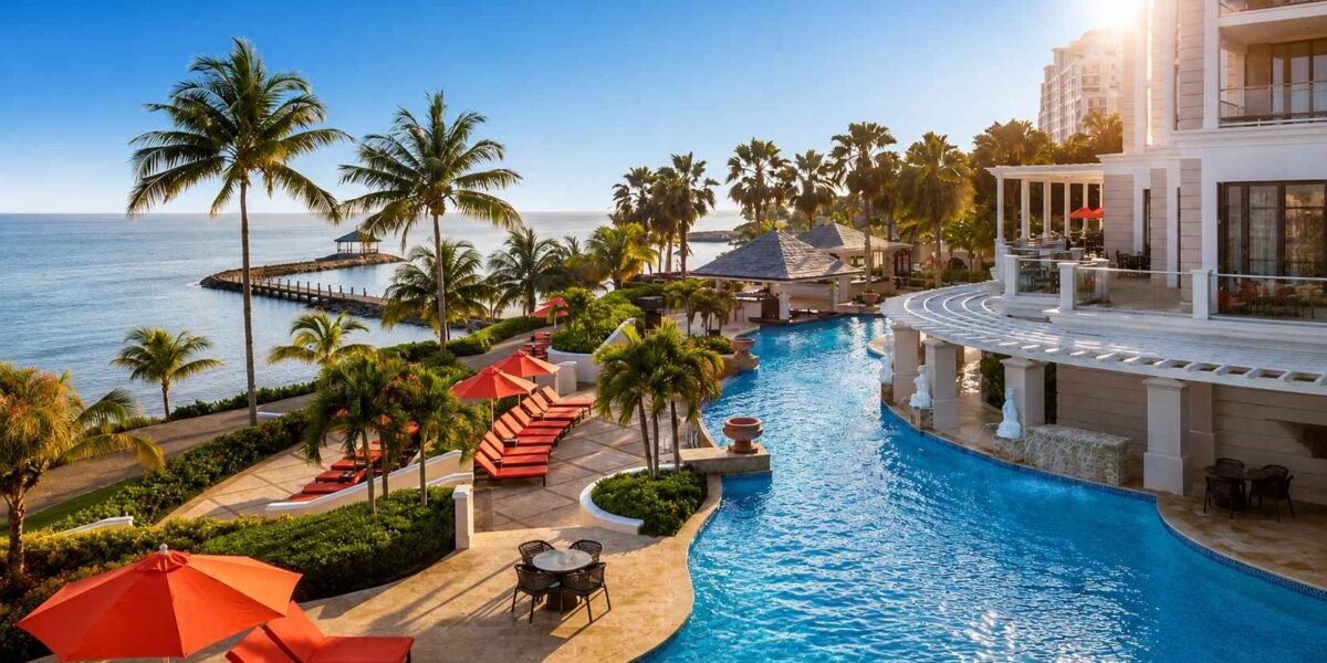 Jewel Grande Montego Bay Resort overview showing its beachfront location, luxury accommodations, and Caribbean Sea views.