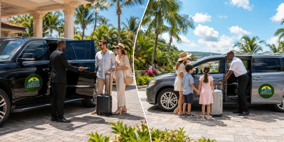 Luxury SUV and economy transfer vehicle with Island Dream Tour branding, helping travelers choose the best Jamaica airport transportation option.