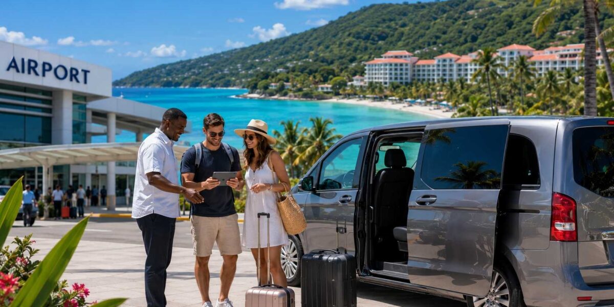 Travelers arriving in Ocho Rios, Jamaica with a private airport transfer, illustrating safe travel planning and understanding Jamaica's travel advisory.