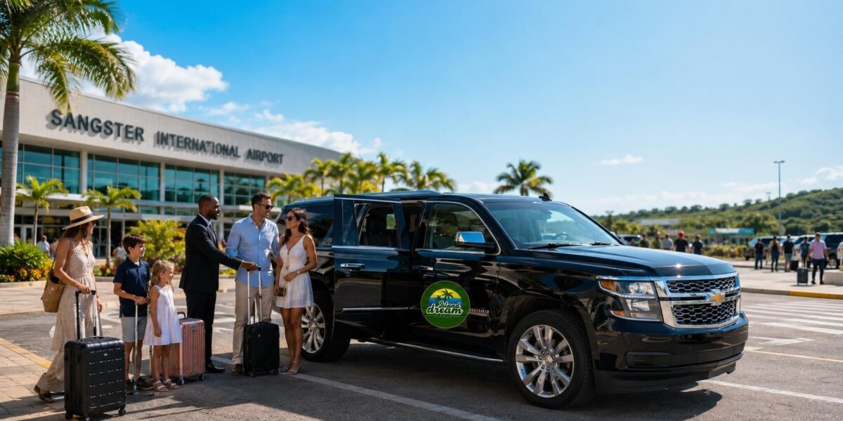 Luxury Island Dream Tour SUV picking up travelers outside Sangster International Airport for popular Jamaica airport transfer routes.