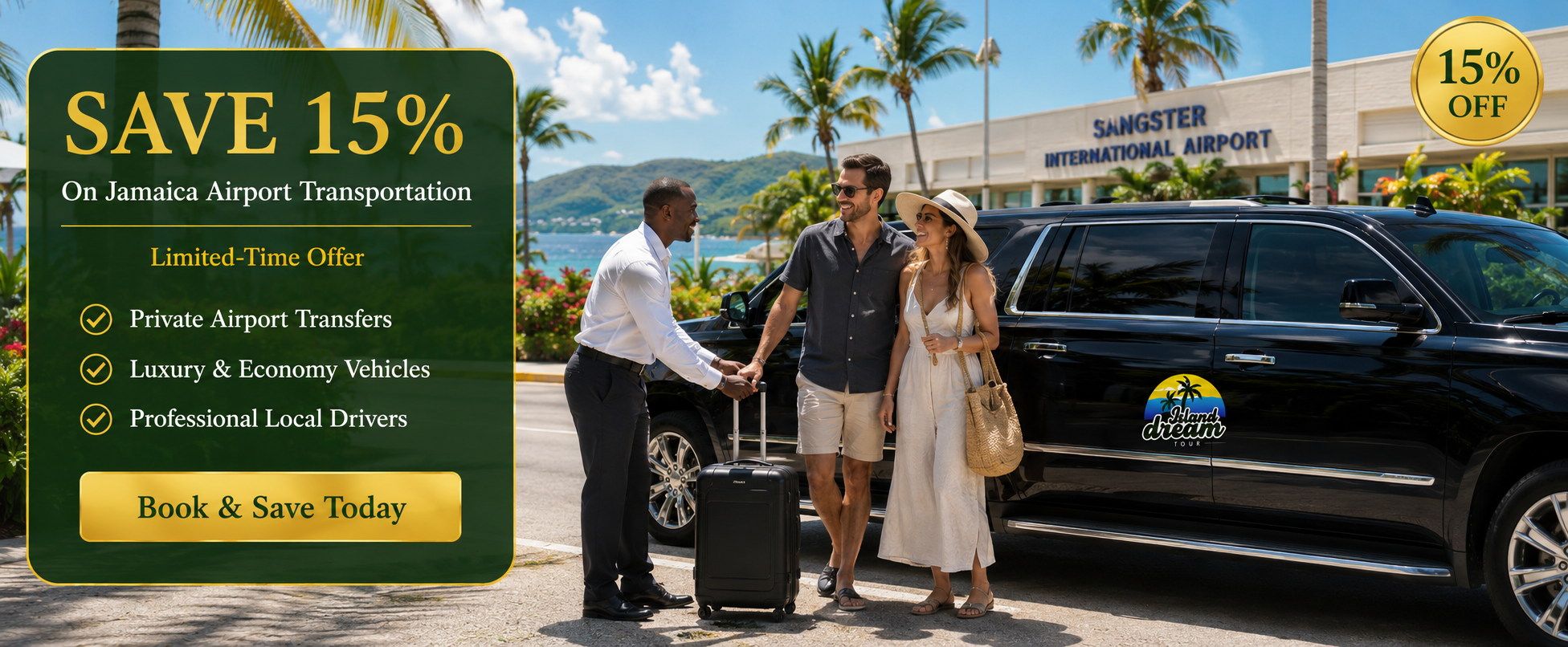 Save 15% on Jamaica Airport Transportation – Limited-Time Offer Luxury Island Dream Tour airport transfer at Sangster International Airport with a 15% discount offer on Jamaica airport transportation.