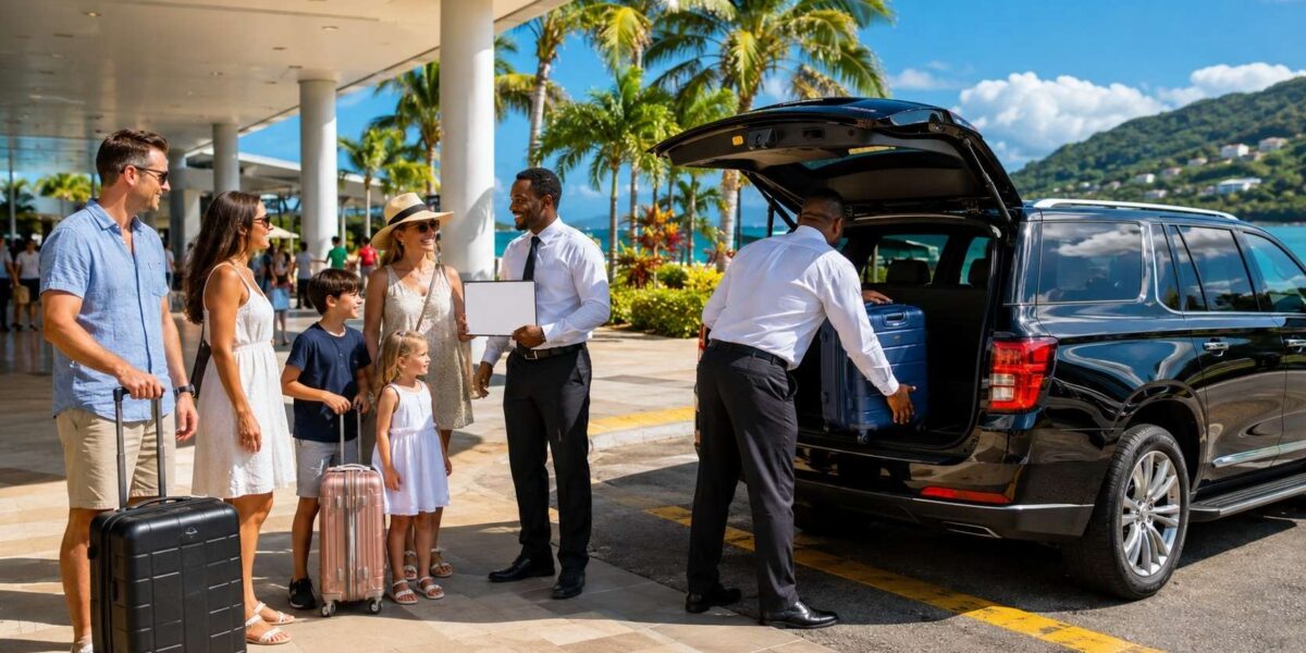 Travelers meeting a professional private driver after arriving at Sangster International Airport, highlighting the benefits of pre-booking Jamaica airport transportation.