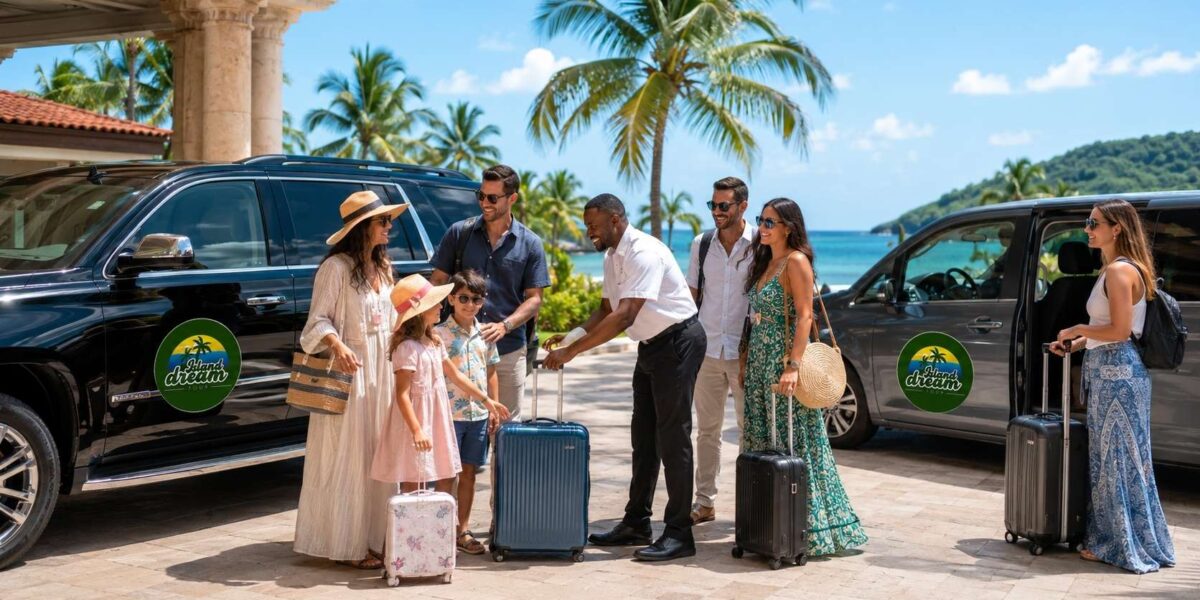 Travelers being welcomed by a professional Island Dream Tour driver beside branded vehicles in Jamaica, highlighting safe and reliable transportation and tour services.