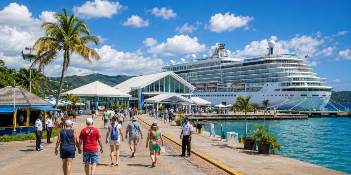 Falmouth Jamaica safety at the cruise port with travelers exploring the organized terminal and docked cruise ship.